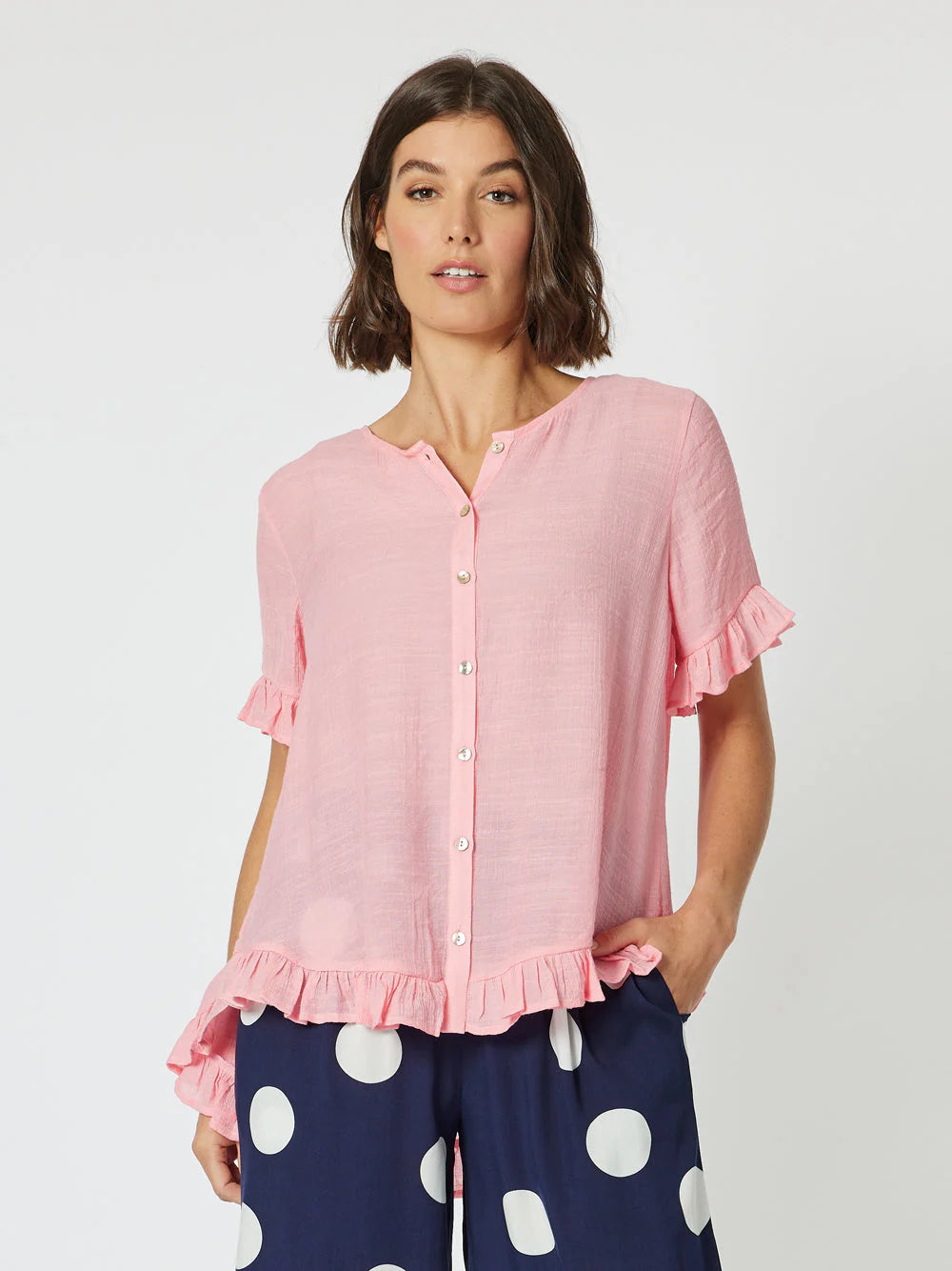 Instant Savings Portofino Short Sleeve Ruffle Top - Coral