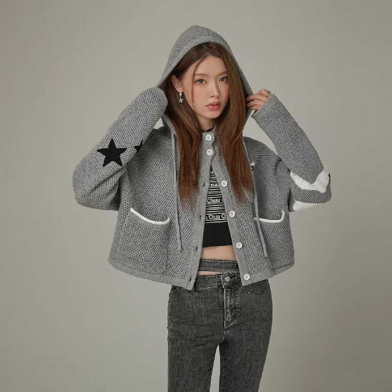 Can't Resist Waffle Star Hooded Button Cardigan