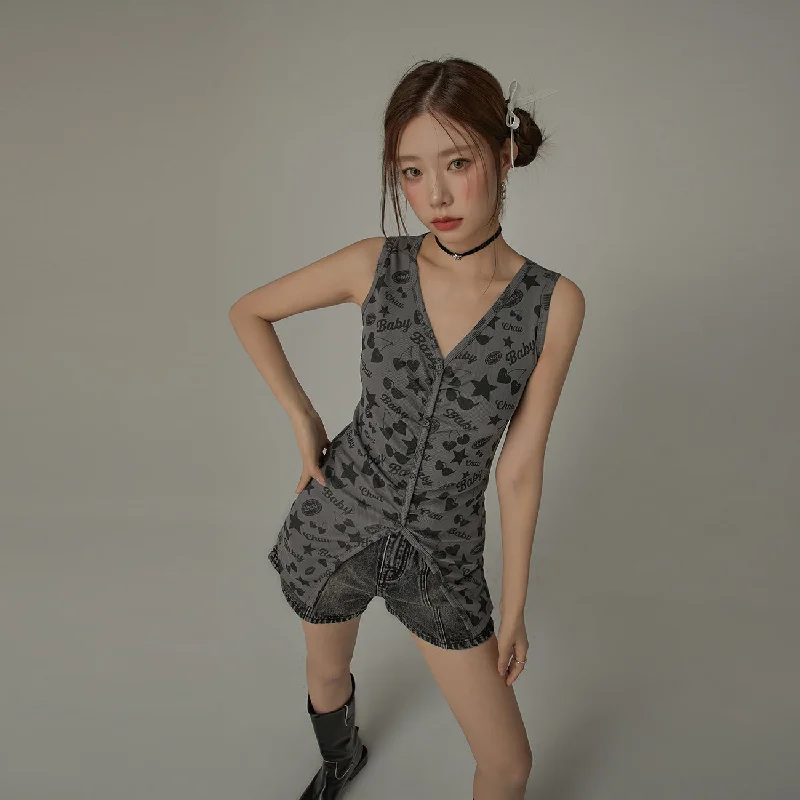 Unbeatable Prices Cute Icons Button Shirring Sleeveless Top