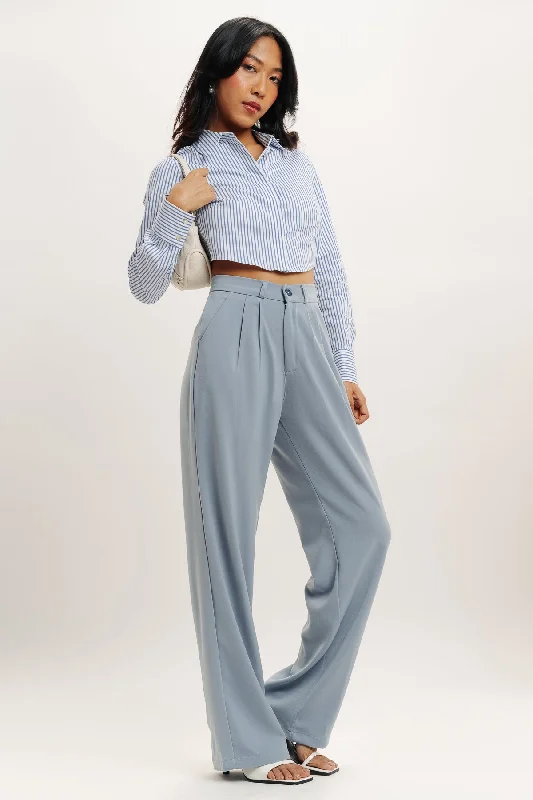 Year-End Sale Powder Blue Pleated Straight Fit Korean Pant