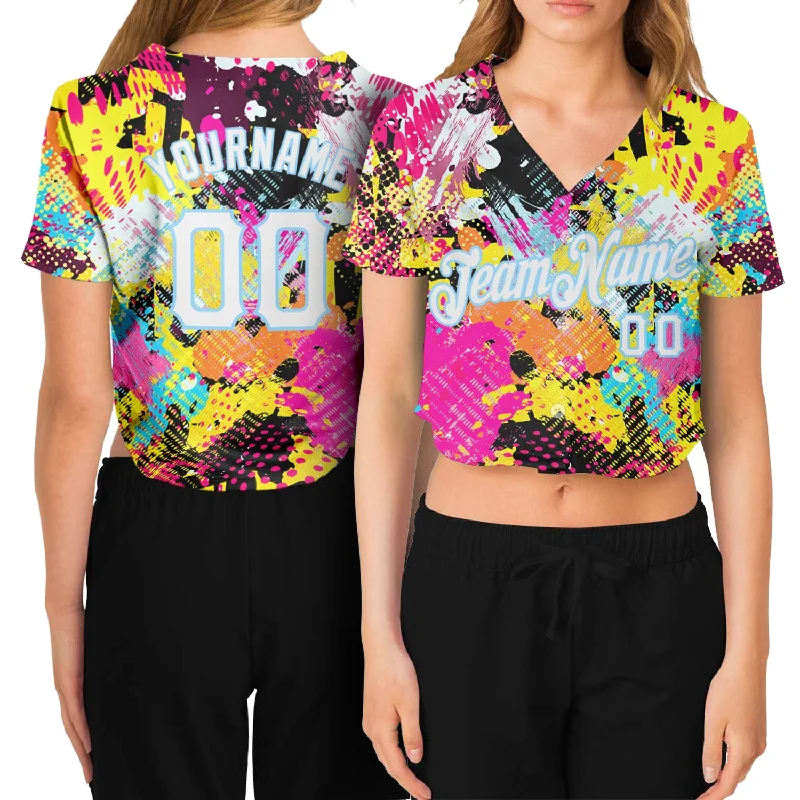 Pay Less Custom Women's Graffiti Pattern White-Light Blue Bright Psychedelic 3D V-Neck Cropped Baseball Jersey