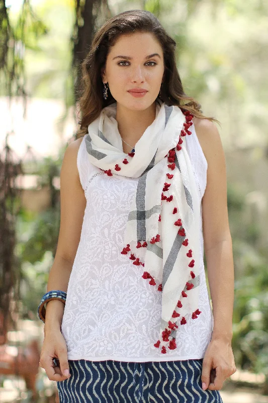 Great Deal Blissful Simplicity Hand Woven Silk Cotton Blend White Shawl with Red Tassels